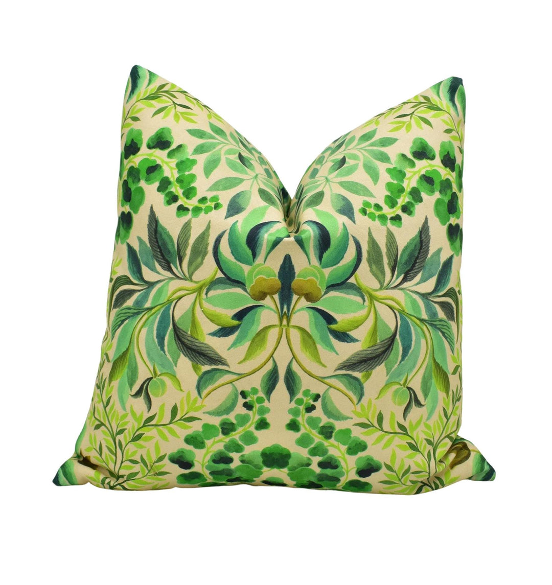 a large, green and leafy pillow with a repeating pattern of leaves and flowers.