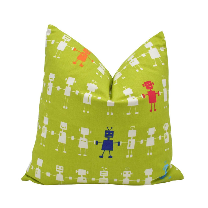 Harlequin - Reggie Robot - Lime / Multi - Funky Retro Robot Design Cushion Cover - Bold Kids Luxury Throw Pillow - Fun Handmade Home Decor.