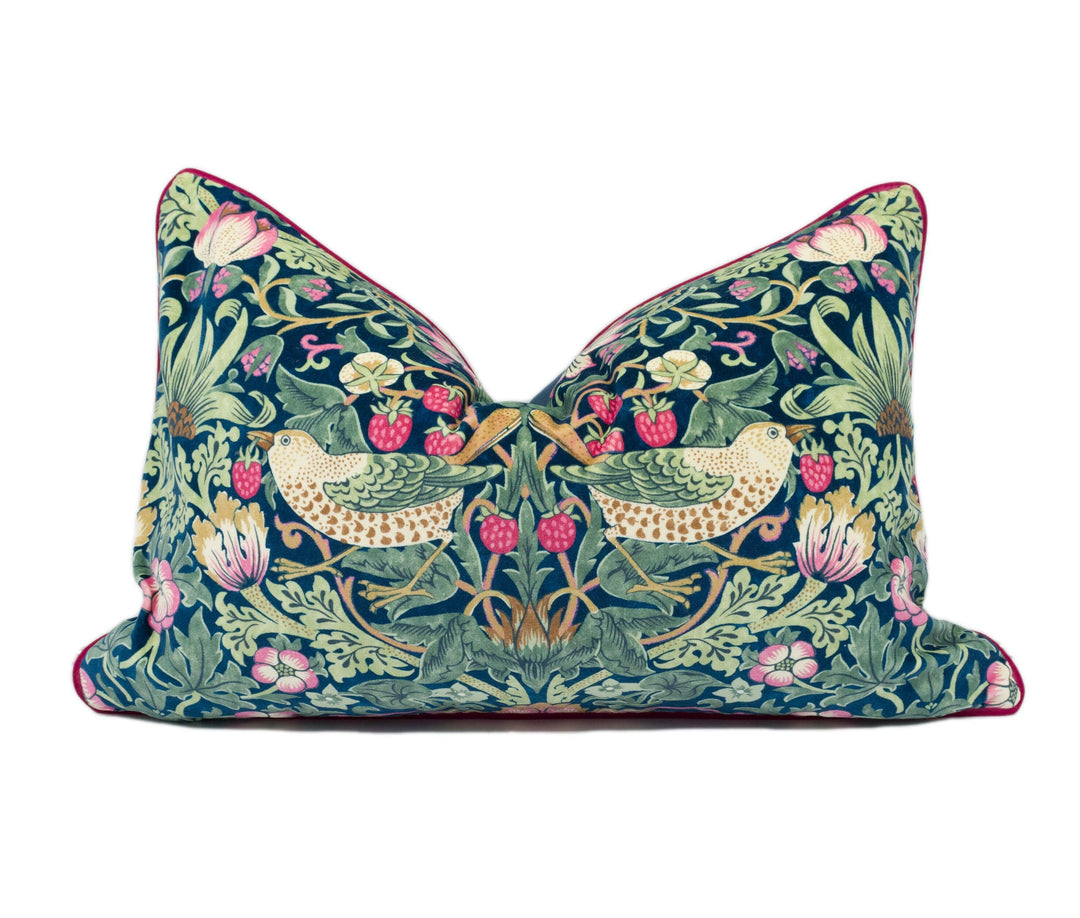 William Morris - Strawberry Thief Velvet - Indigo / Moss / Persian Pink - Iconic Morris Designer Cushion Cover - Handmade Throw Pillow.