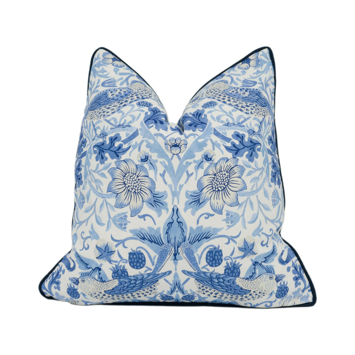 William Morris - Strawberry Thief - Woad - Iconic Cheeky English Bird Designer Cushion Cover - Handmade Home Décor - Luxury Throw Pillow.