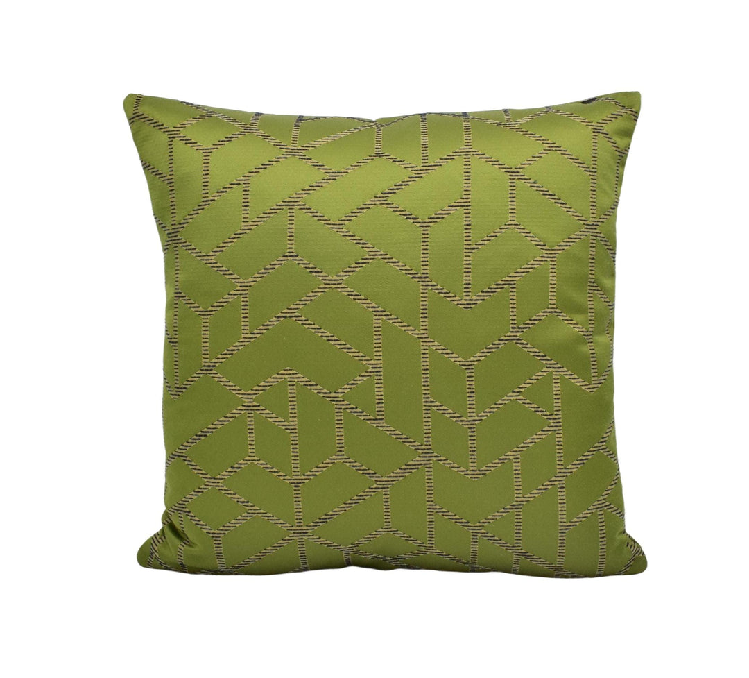 A square throw pillow with a geometric pattern in shades of green and brown.