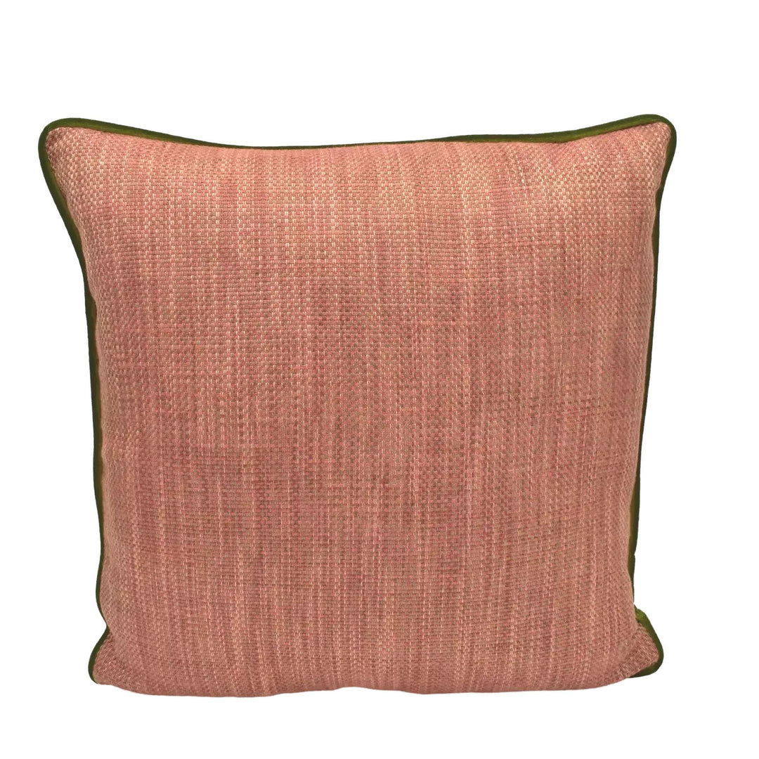 A single, square, red and green throw pillow is displayed against a white background.