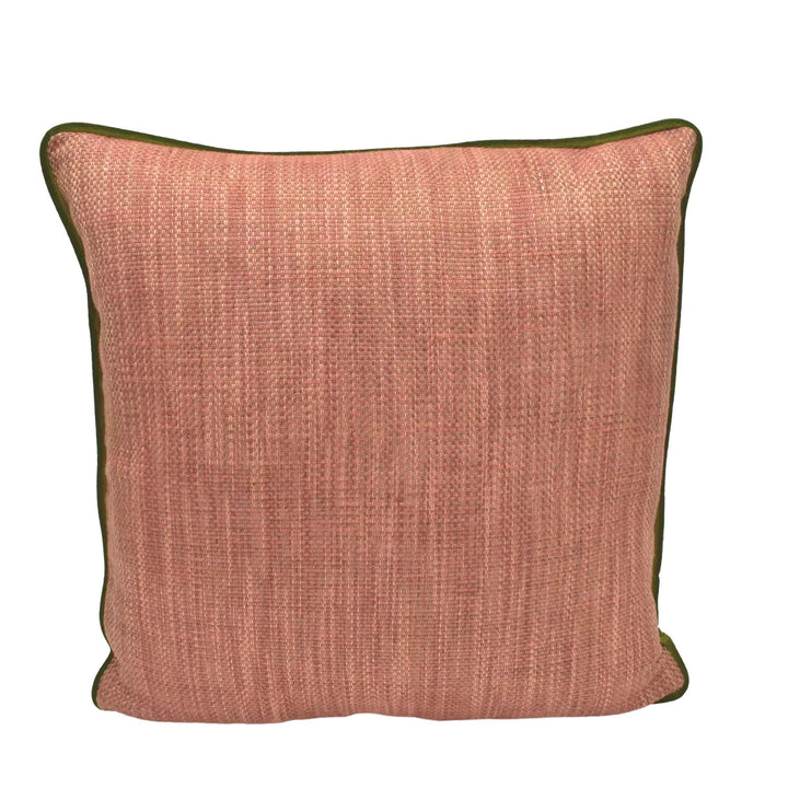 A single, square, red and green throw pillow is displayed against a white background.