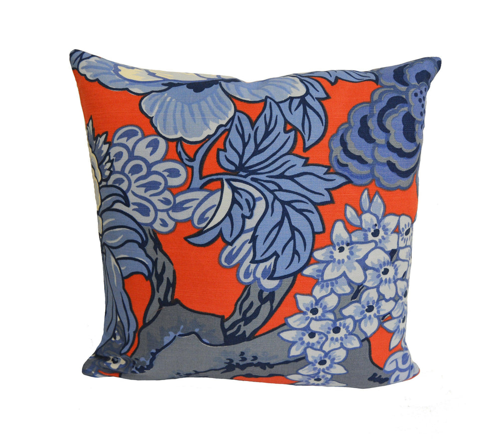Thibaut - Honshu - Red and Blue - Large Scale Floral Japanese Garden Designer Cushion Cover - Luxury Throw Pillow - Handmade Home Decor.