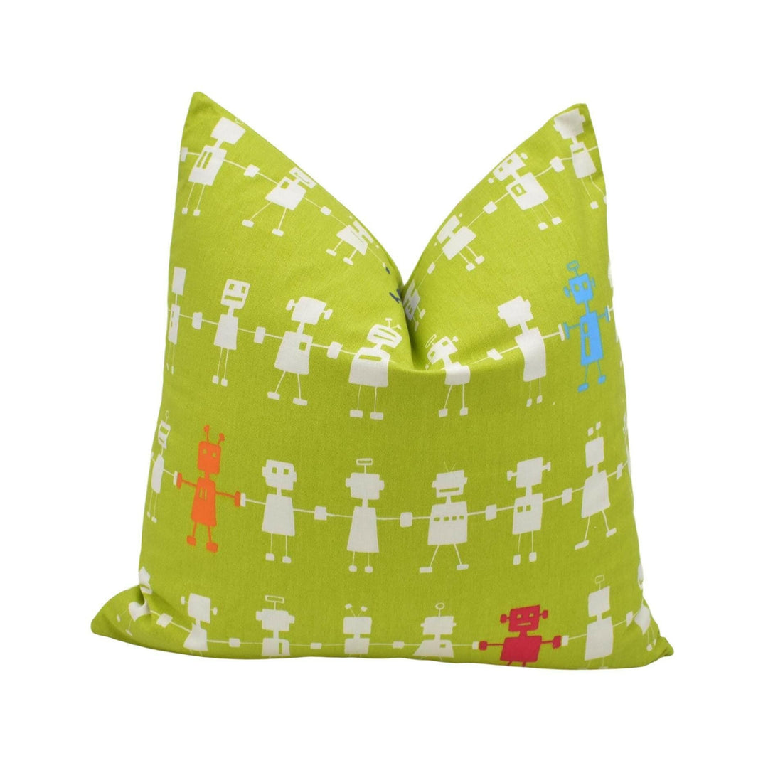 Harlequin - Reggie Robot - Lime / Multi - Funky Retro Robot Design Cushion Cover - Bold Kids Luxury Throw Pillow - Fun Handmade Home Decor.