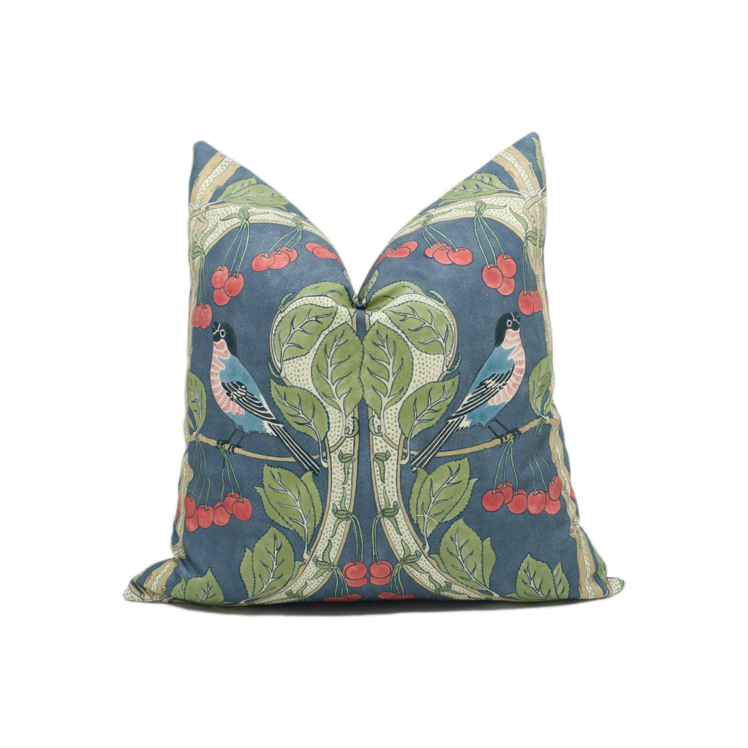 GP and J Baker - Birds & Cherries - Indigo - Charming Espalier Cherry Tree English Garden Designer Cushion Cover - Handmade Throw Pillow.