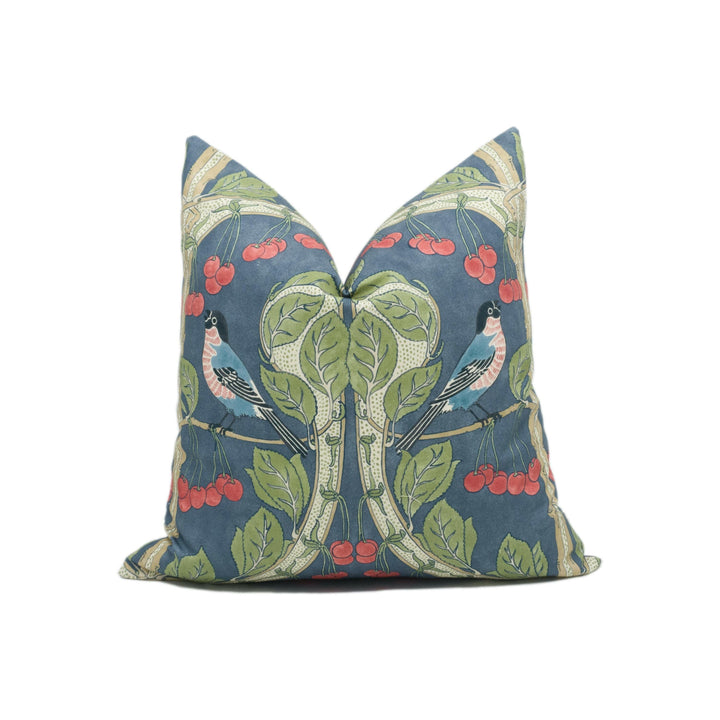 GP and J Baker - Birds & Cherries - Indigo - Charming Espalier Cherry Tree English Garden Designer Cushion Cover - Handmade Throw Pillow.
