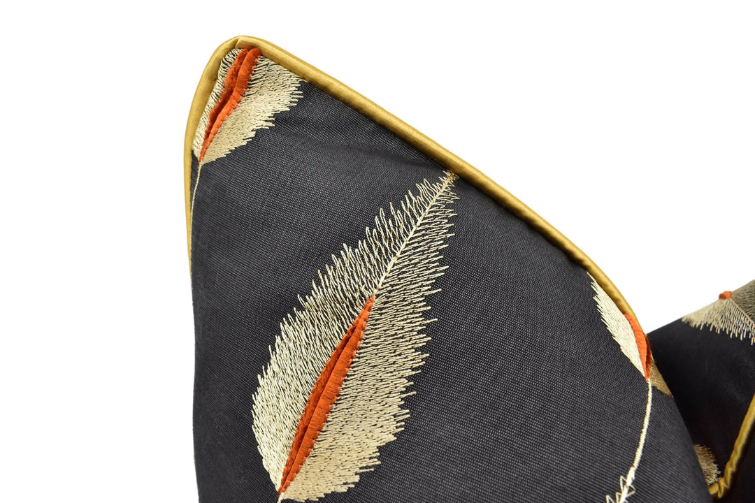 Jane Churchill - Colefax & Fowler - Plato - Charcoal - Opulent Gold Feather Motif Designer Cushion Cover - Luxury Handmade Throw Pillow Home.