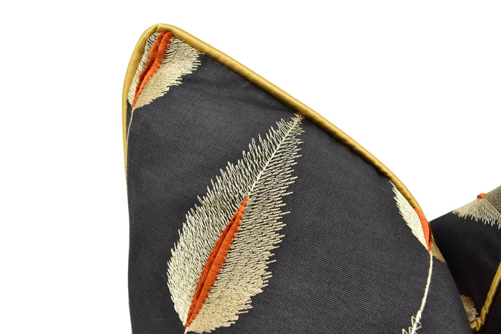 Jane Churchill - Colefax & Fowler - Plato - Charcoal - Opulent Gold Feather Motif Designer Cushion Cover - Luxury Handmade Throw Pillow Home.