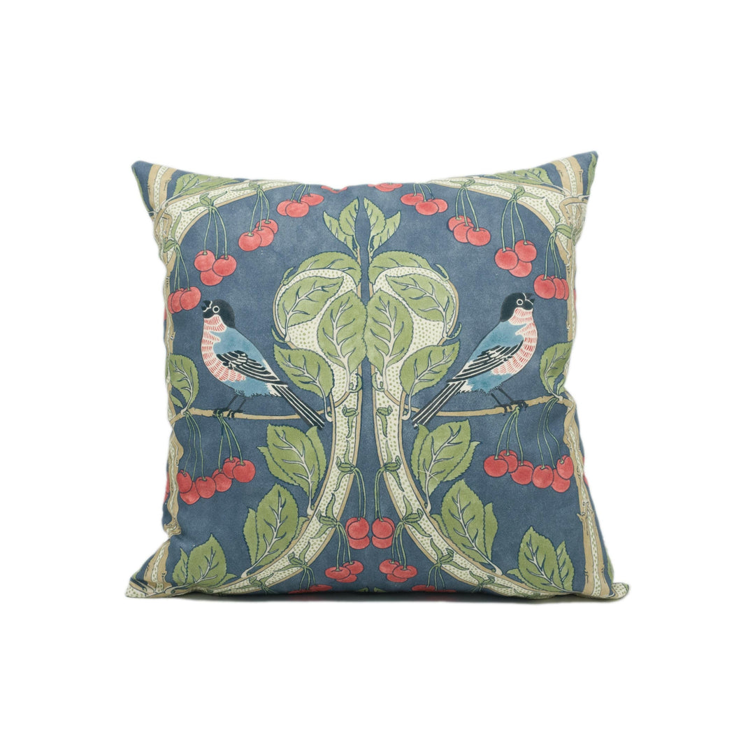 GP and J Baker - Birds & Cherries - Indigo - Charming Espalier Cherry Tree English Garden Designer Cushion Cover - Handmade Throw Pillow.