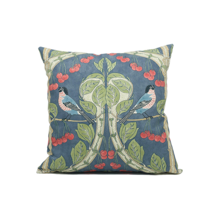 GP and J Baker - Birds & Cherries - Indigo - Charming Espalier Cherry Tree English Garden Designer Cushion Cover - Handmade Throw Pillow.