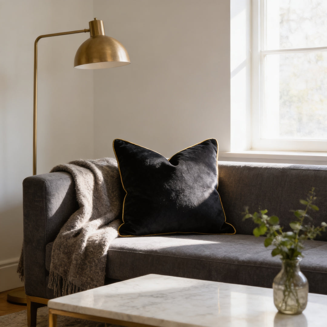 a cozy living room with a gray sofa, a black throw blanket, and a gold floor lamp. A vase of greenery is placed on the coffee table in front of the sofa, and a window allows natural light to fill the space.