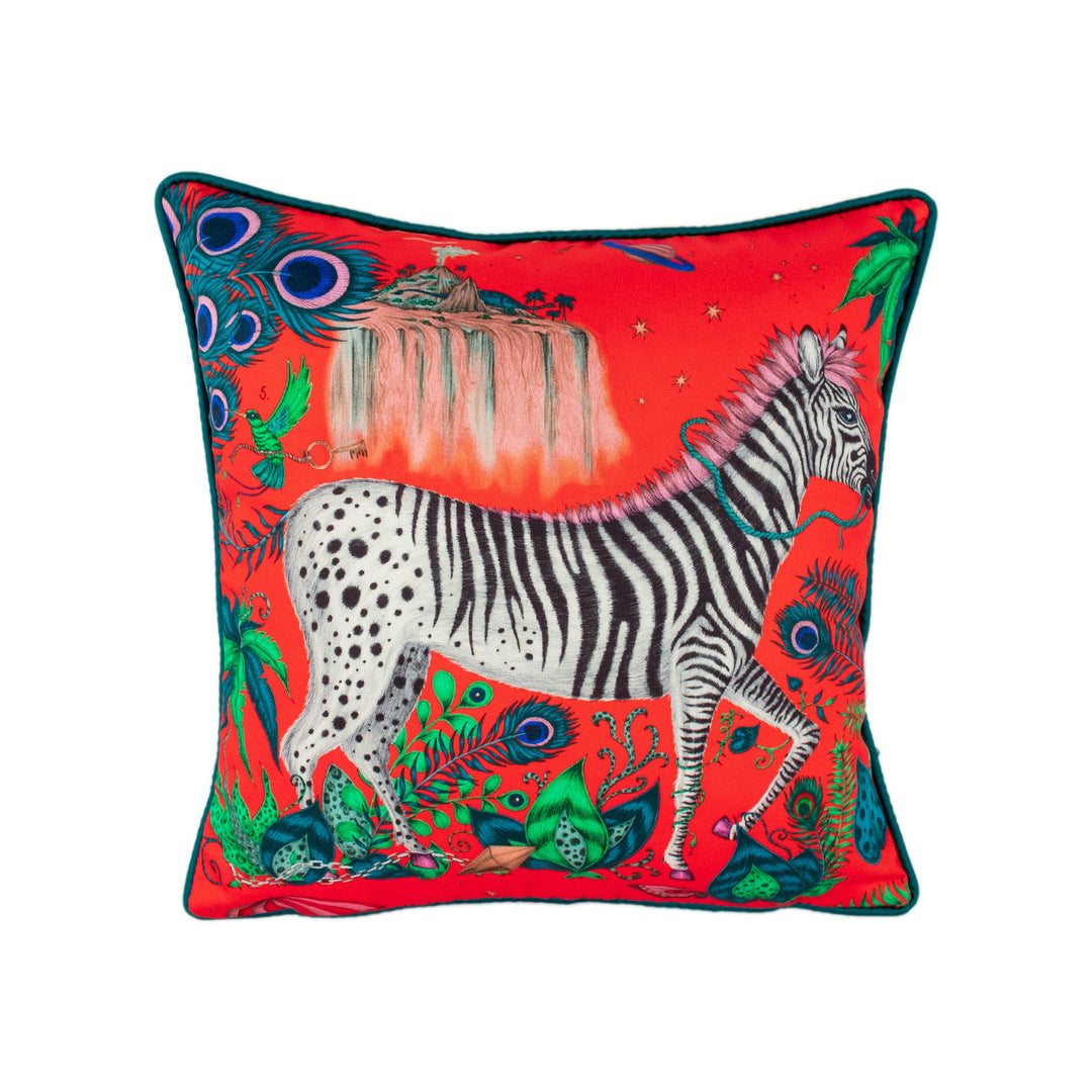 Funky Bold Red Maximalist Fantasy &amp; Mythical Animal Contrast Piped Designer Cushion Cover - Luxury Throw Pillow - Handmade Home Lost World.