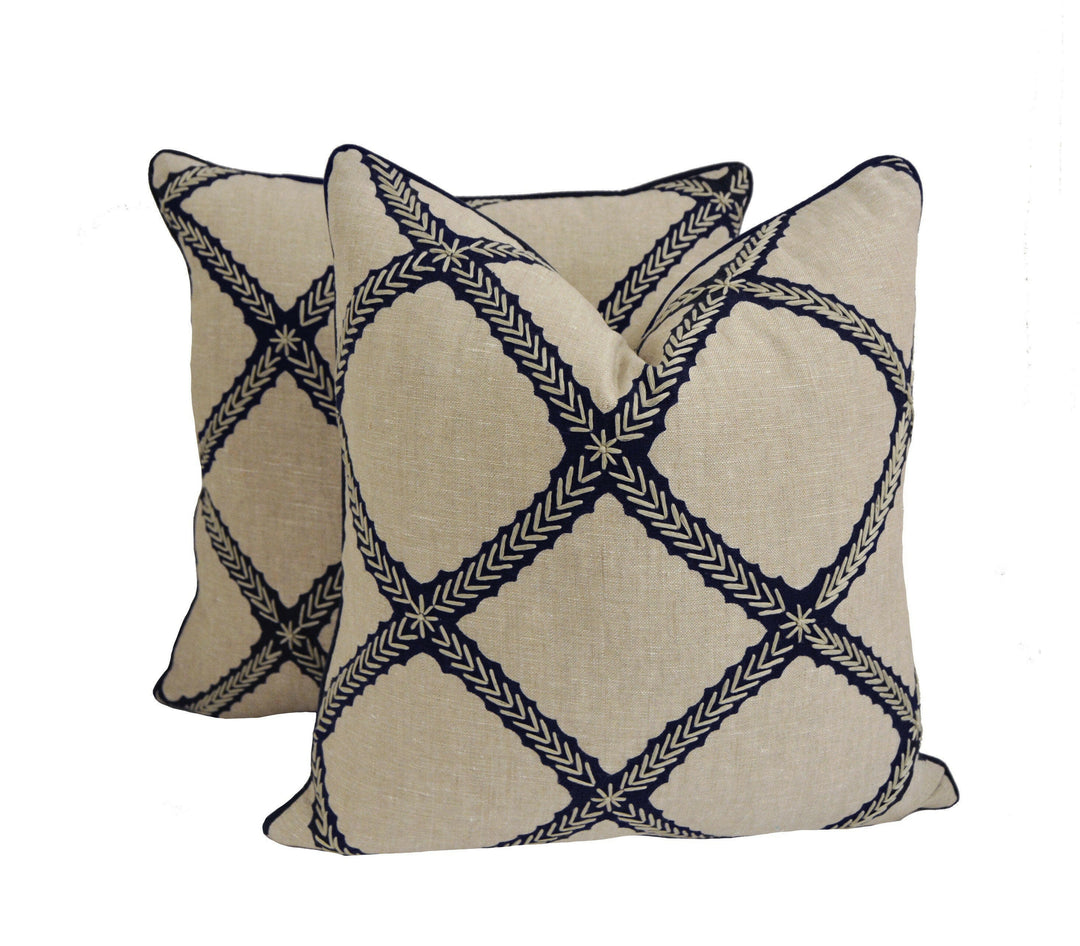 Thibaut - Majuli Embroidery - Navy on Flax - Luxurious Embroidered Nautical Designer Cushion Cover - Luxury Throw Pillow Handmade Home Decor.