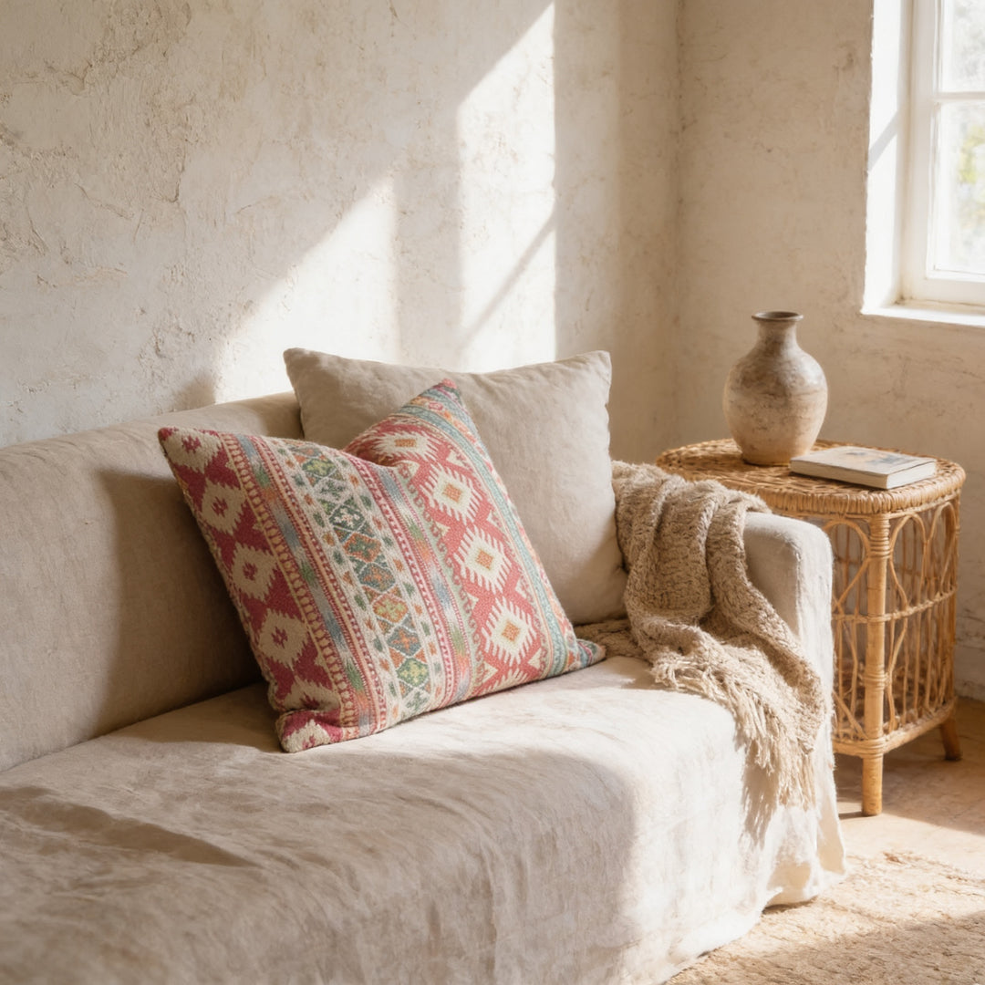 a cozy living room with a beige sofa adorned with a colorful throw pillow and a woven side table with a vase and a book.