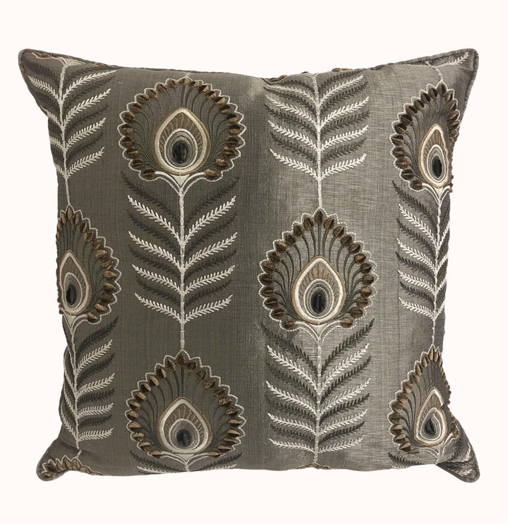 Jane Churchill - Sula - Silver - Bold Embroidered Jewel Peacock Feather Designer Cushion Cover - Luxury Throw Pillow - Handmade Home Decor.