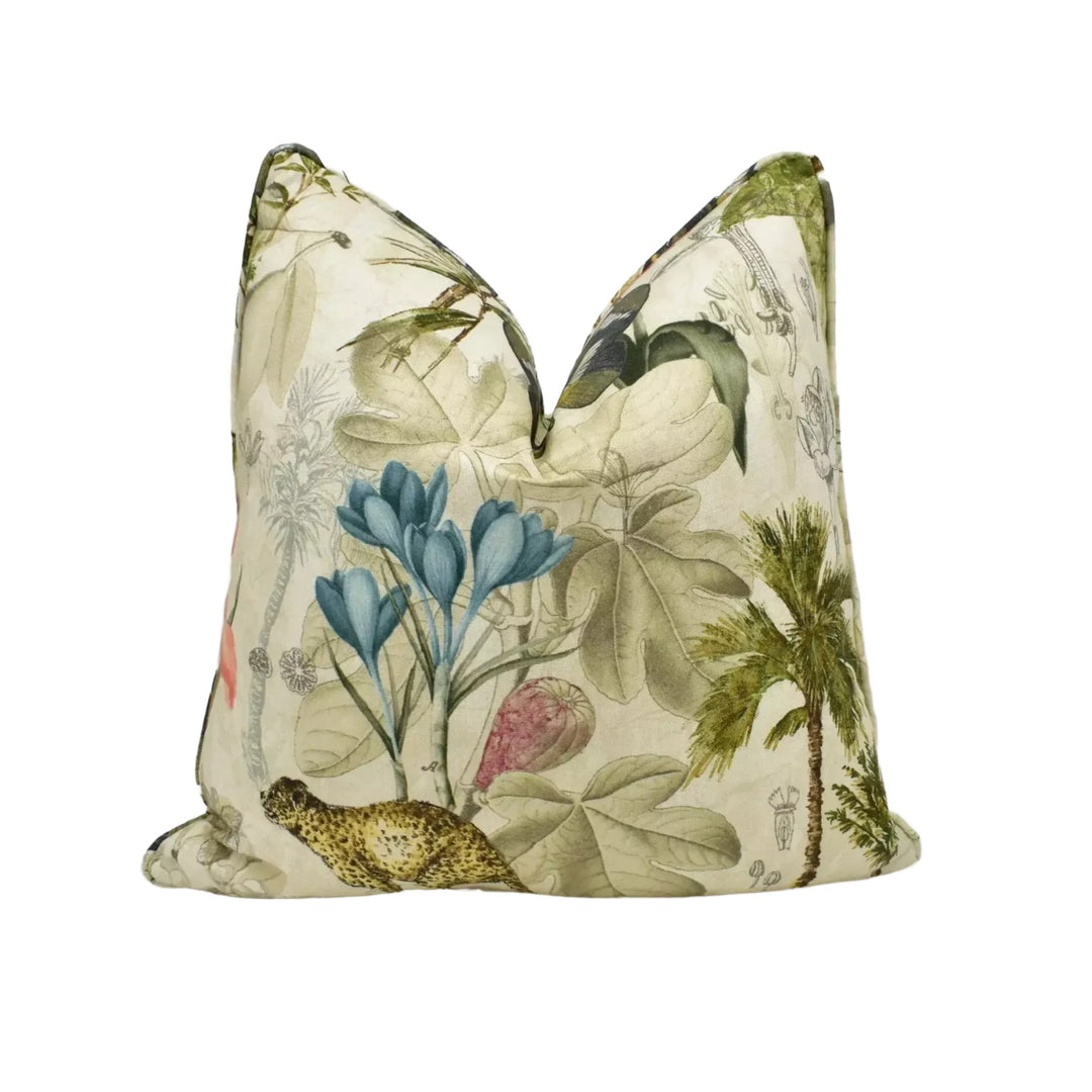 a decorative pillow with a floral and botanical print design.
