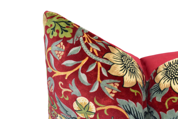 William Morris - Strawberry Thief Velvet - Crimson / Slate - Iconic Classic Luxurious Velvet Designer Cushion Cover - Handmade Home Decor.