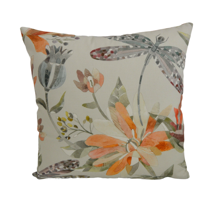 Voyage - Volatus - Cinnamon - Delicate Dragonflies &amp; Abundant Floral Cushion Cover - Handmade Throw Pillow Designer Home Decor.
