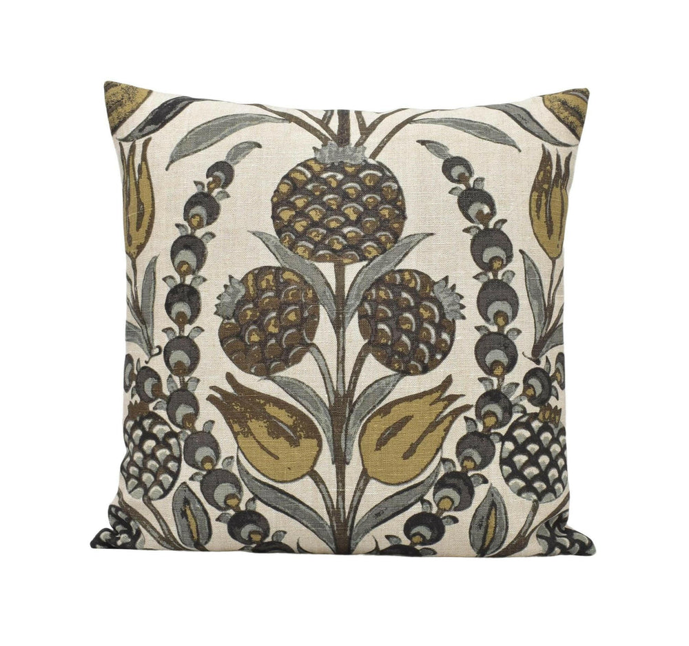Thibaut - Corneila - Grey and Gold - Indian Handprinted Designer Cushion Cover - Primitive Pomegranate Moroccan Pillow - Black Gold Floral.