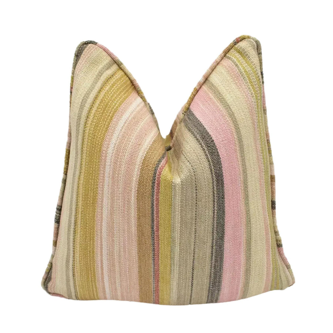 A striped pillow with a mix of pink, yellow, and gray colors is displayed against a white background.