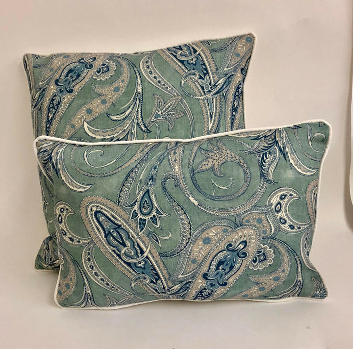 Edinburgh Weavers - Persia - Blue - Gorgeous Contrast Piped Paisley Cushion - Handmade Throw Pillow - Designer Home Décor.