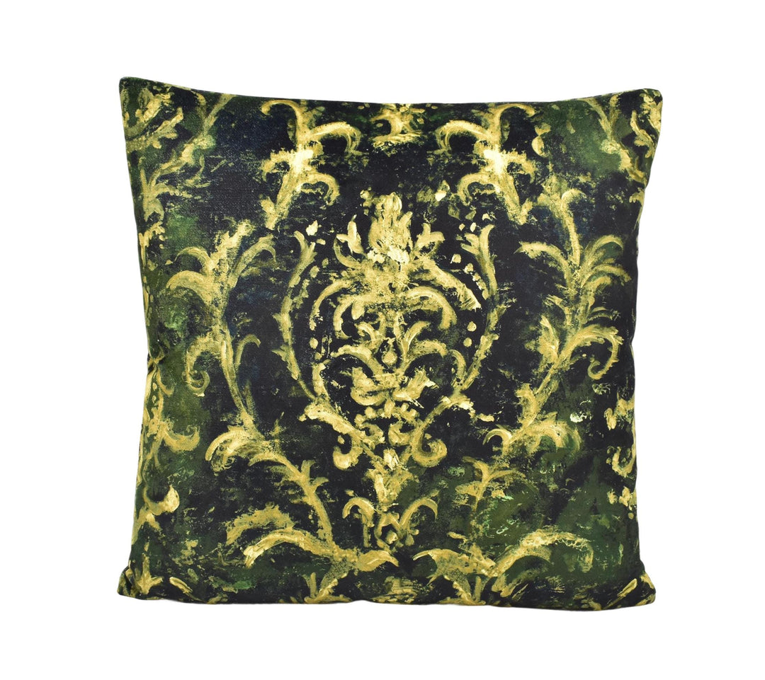 A square throw pillow with a dark green and gold floral pattern.
