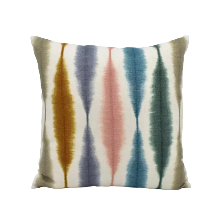 A square throw pillow with a tie-dye pattern in various colors, including yellow, blue, pink, and green.