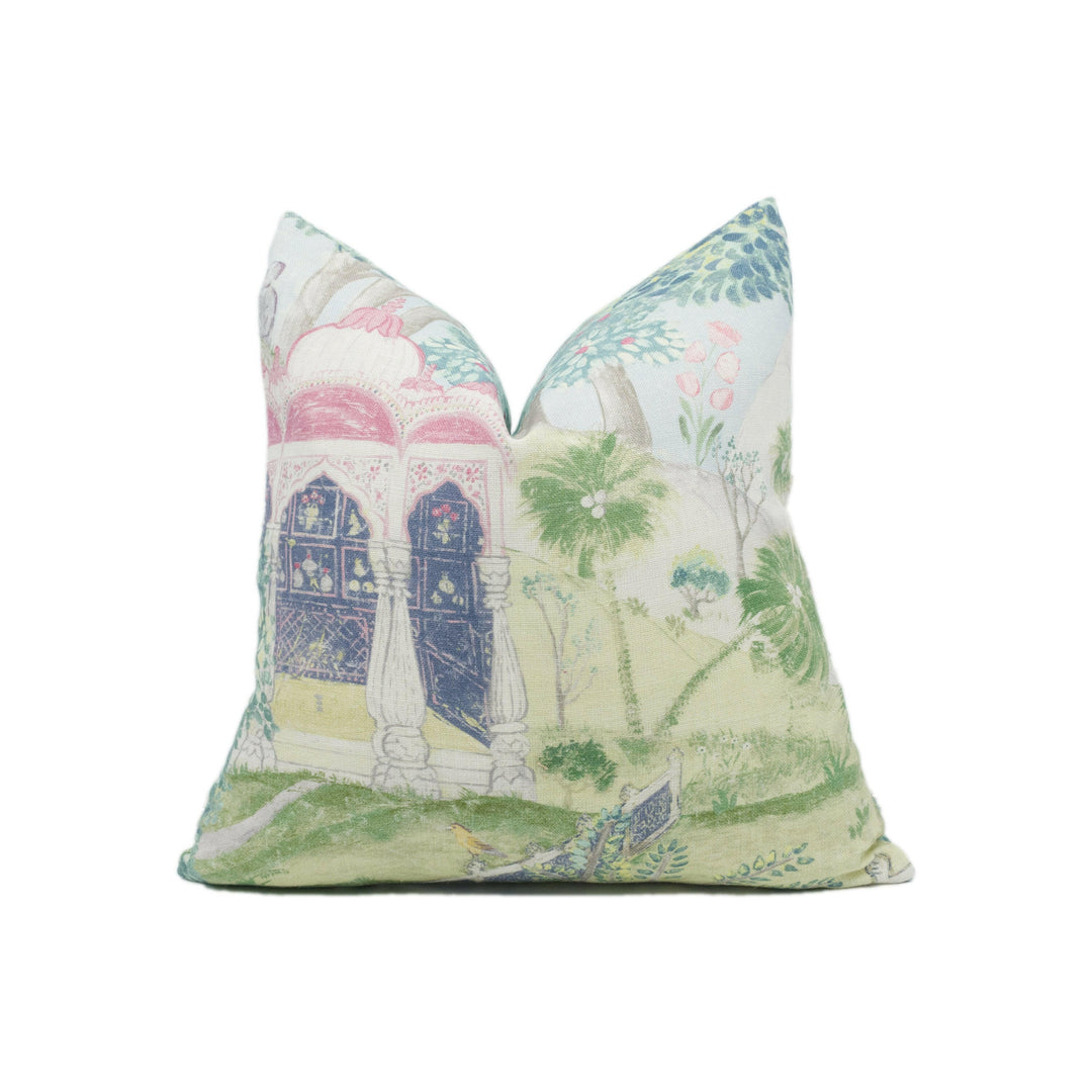 Zoffany - Peacock Garden - Moss / Pink - Indian Landscape Garden Cushion Cover - Handmade Throw Pillow - Designer Home Décor.