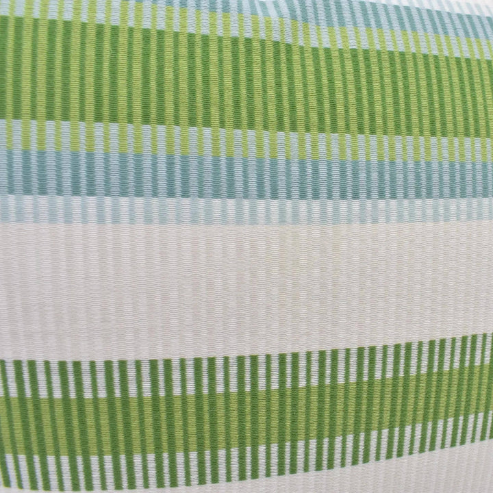 a close-up view of a fabric with a striped pattern in shades of green and white. The fabric appears to be a textile or material with a textured surface.