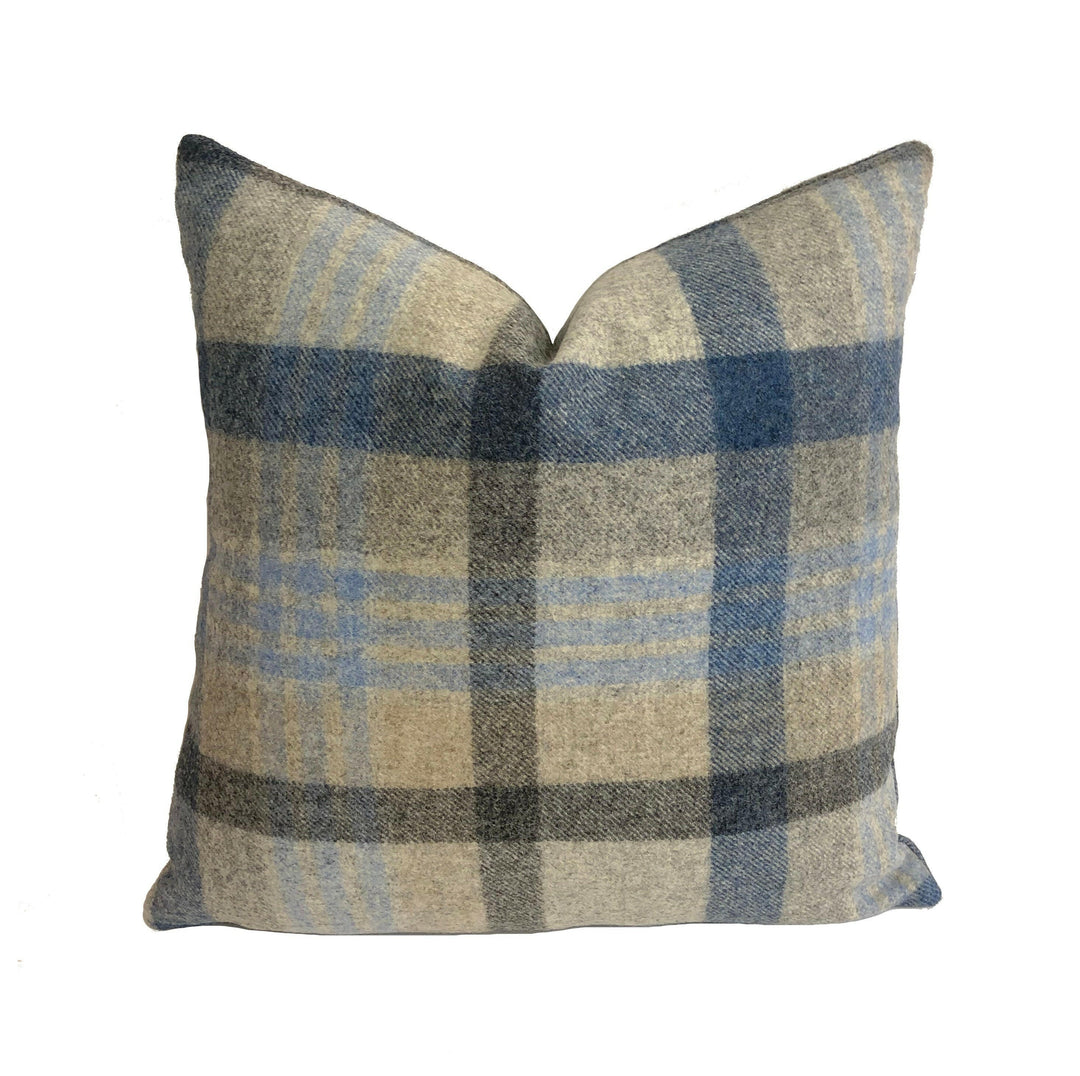 Abraham Moon - Melbourne - Silver / Denim -  100% Wool Cushion Cover - Designer Plaid Pillow Cover - Handmade Custom Abraham Moon Pillow.