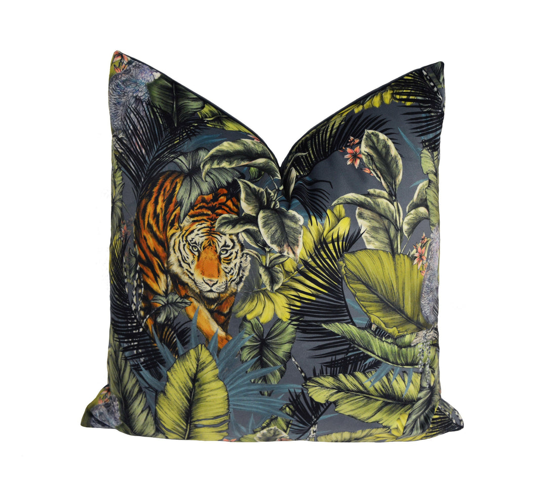Prestigious - Bengal Tiger - Twilight - Luxurious Maximalist Tropical Jungle Cushion Cover - Handmade Throw Pillow Designer Home Decor.