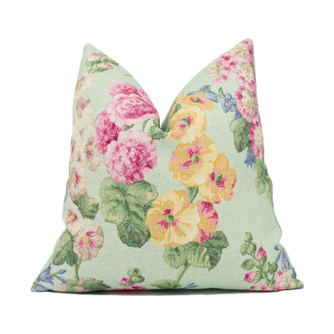 Sanderson - Hollyhocks - Mint / Pink - Vintage Feel Floral Cushion Cover - Handmade Throw Pillow - Designer Home Décor.
