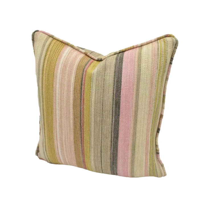 A striped cushion with a vibrant mix of pink, yellow, and green colors is displayed against a white background.