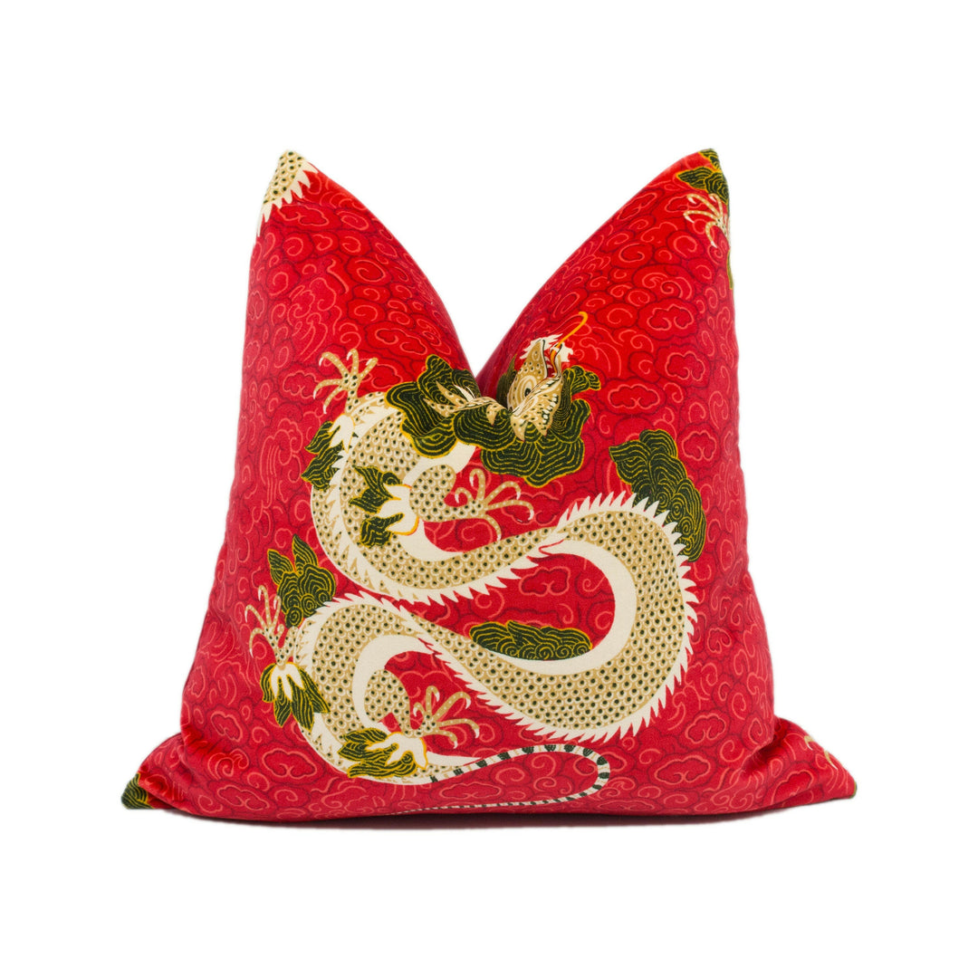 Sanderson - Water Dragon - Cinnabar Red - Plush Asian Inspired Velvet Cushion Cover - Handmade Throw Pillow - Designer Home Décor.
