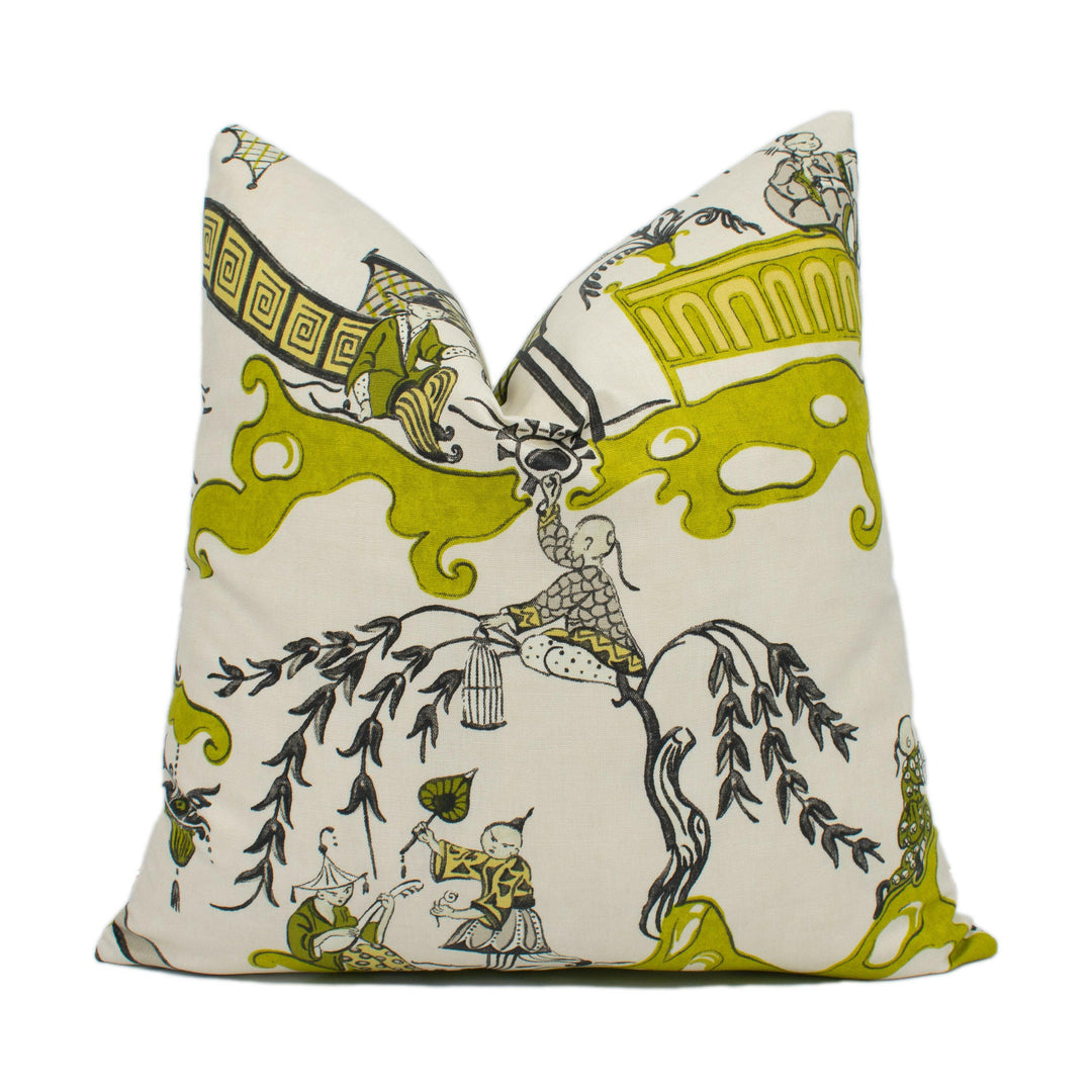 Sanderson - Pagoda River - Lime / Taupe -  Vintage Asian Chinoiserie Inspired Designer Cushion Cover - Luxury Throw Pillow - Home Décor.