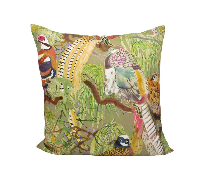 Mulberry - Game Birds Linen - Stone / Multi - Romantic Bohemian Cushion Cover - Luxury Designer Bird Throw Pillow - Neutral Pillow Cover.