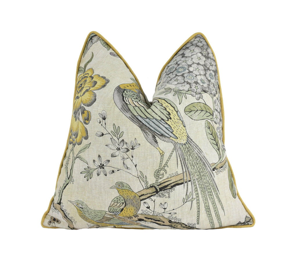 Anna French x Thibaut - Villeneuve - Yellow and Grey - Antique Avant Garde Bird Designer Cushion Cover - Luxury Throw Pillow - Handmade.