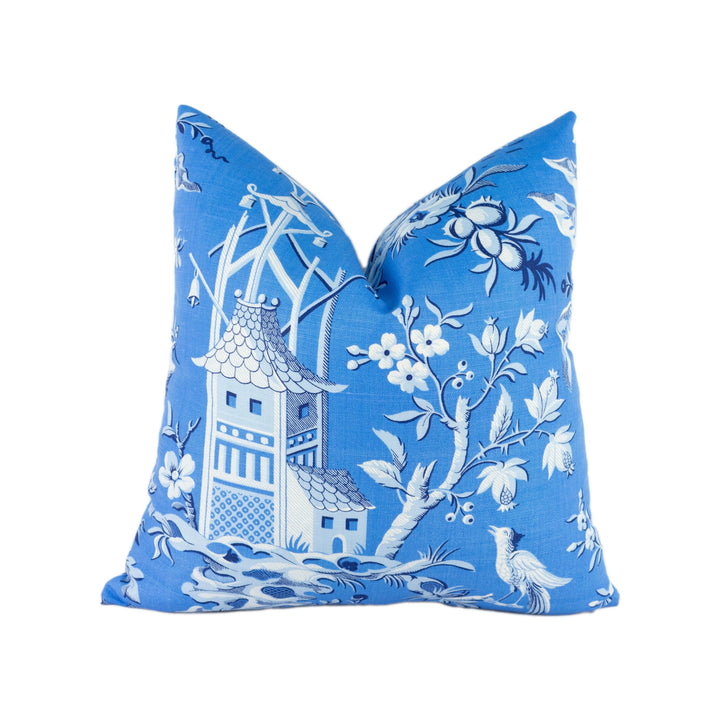 Thibaut - Pagoda Garden - Blue - Antique Far East Chinoiserie Pagoda Designer Cushion Cover - Luxury Throw Pillow - Handmade Home Decor.
