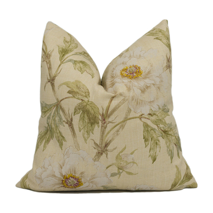 Colefax and Fowler - Tree Peony - Ivory / Leaf - Traditional Chinese Floral Designer Cushion Cover - Handmade Throw Pillow Luxury Home Décor.