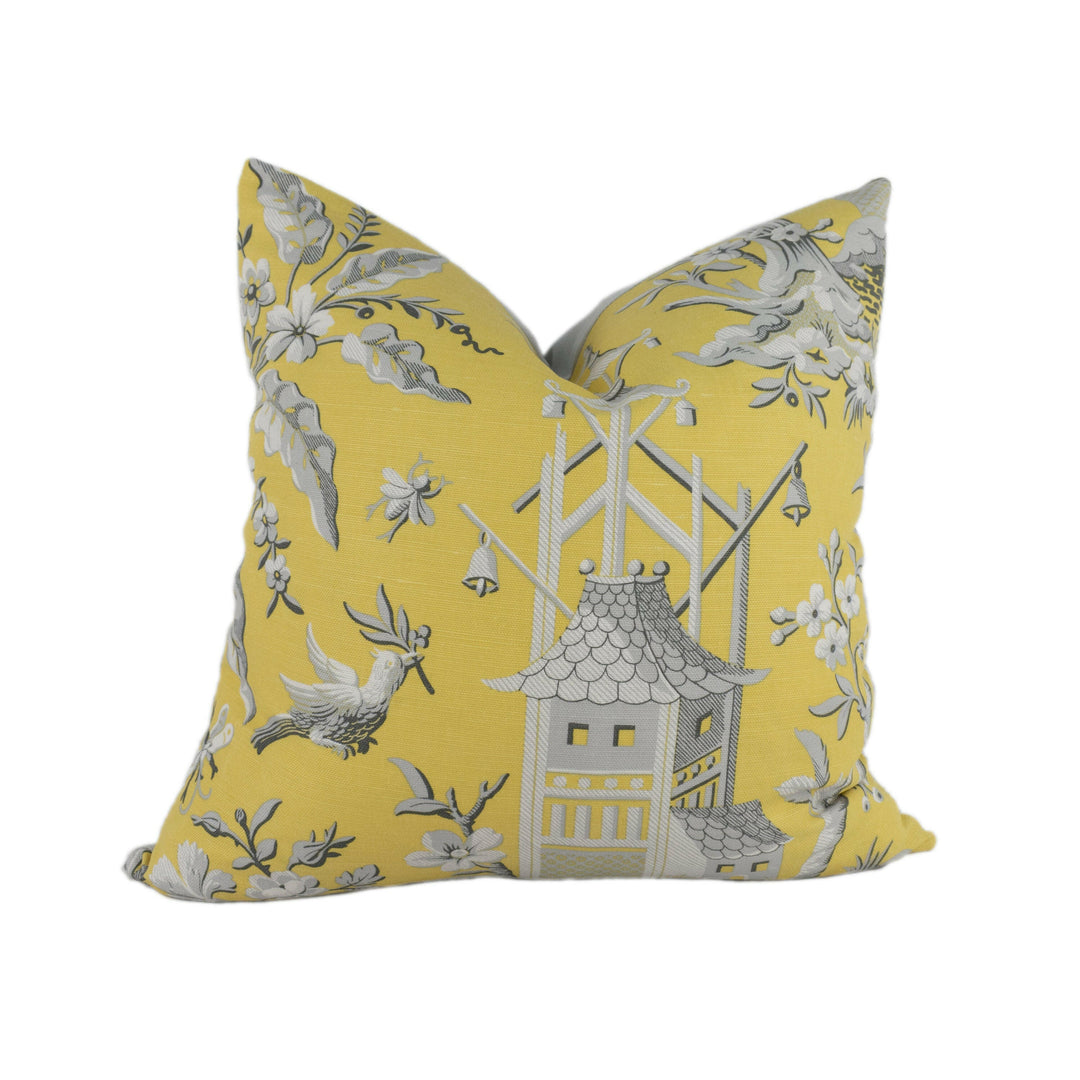 Thibaut - Pagoda Garden - Yellow - Antique Far East Chinoiserie Pagoda Designer Cushion Cover - Luxury Throw Pillow - Handmade Home Decor.