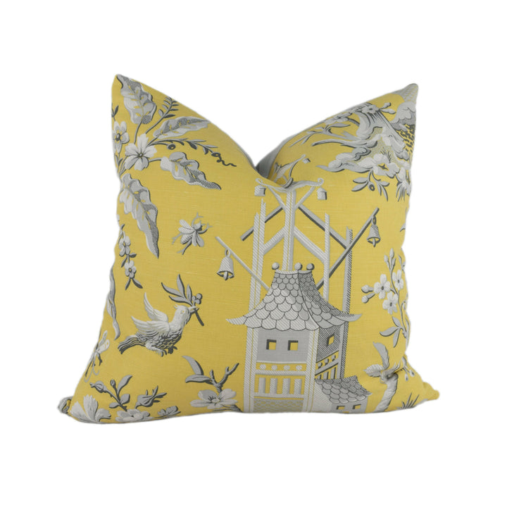 Thibaut - Pagoda Garden - Yellow - Antique Far East Chinoiserie Pagoda Designer Cushion Cover - Luxury Throw Pillow - Handmade Home Decor.