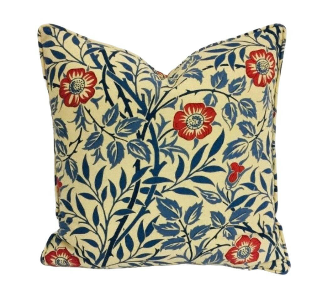 William Morris - Sweet Briar - Indigo / Red - Bittersweet Rose &amp; Thorns Classic Morris Designer Cushion Cover - Luxury Throw Pillow Handmade.