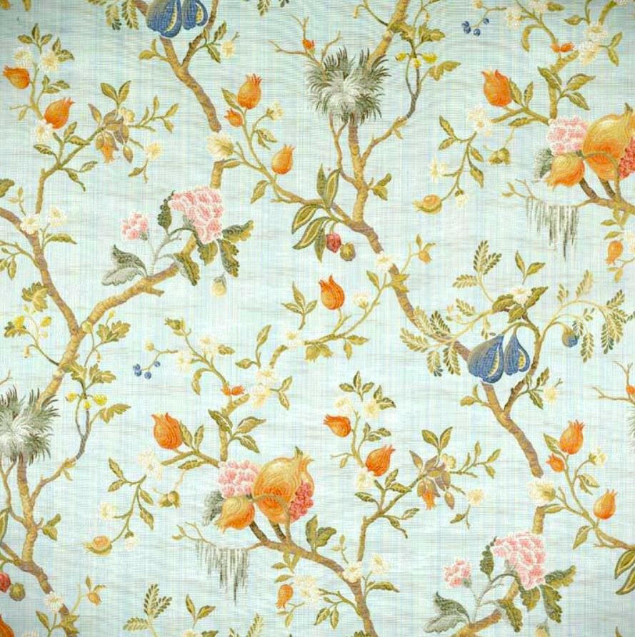 Scalamandre - Melograno - Multi on Sky Blue - Romantic Whimsical Indian European Lampas  Designer Cushion Cover - Luxury Throw Pillow Home.