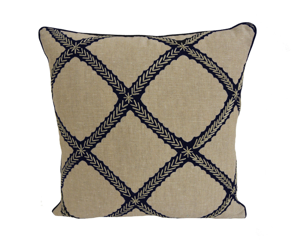 Thibaut - Majuli Embroidery - Navy on Flax - Luxurious Embroidered Nautical Designer Cushion Cover - Luxury Throw Pillow Handmade Home Decor.