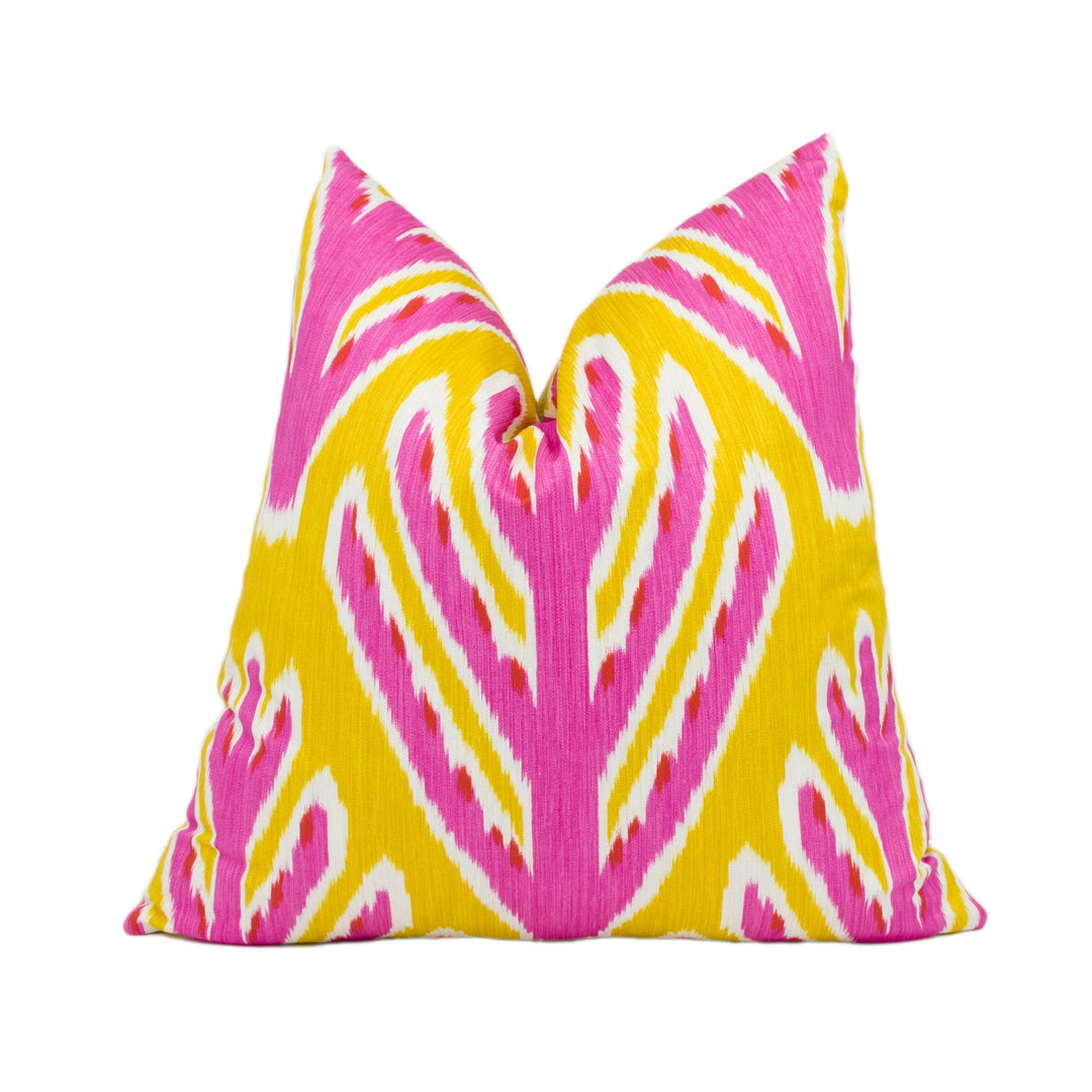 Schumacher - Bodhi Tree - Yellow & Pink - Rich Colourful Uzbek Ikat Designer Cushion Cover - Handmade Throw Pillow Designer Home Decor.