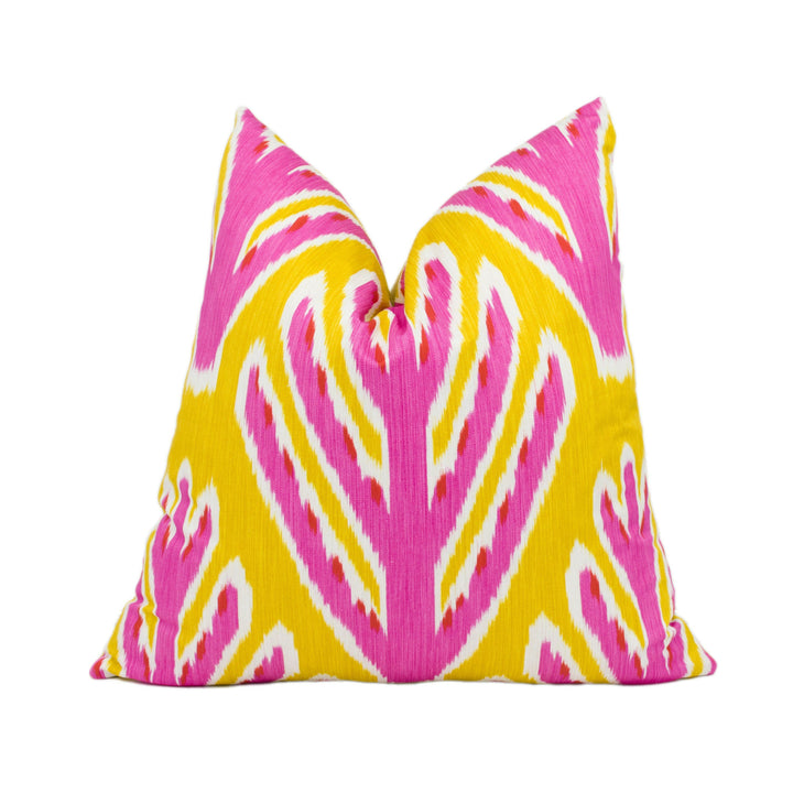 Schumacher - Bodhi Tree - Yellow & Pink - Rich Colourful Uzbek Ikat Designer Cushion Cover - Handmade Throw Pillow Designer Home Decor.
