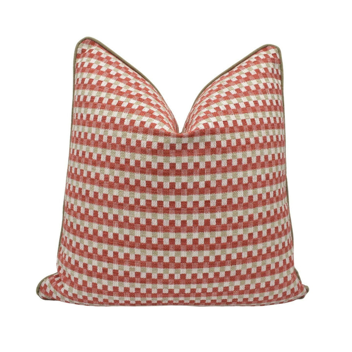 Clarke &amp; Clarke - Pano - Spice - Tonal Square Check Designer Cushion Cover - Red Textured Weave Pillow Cover - Beige Boucle Style Pillow.