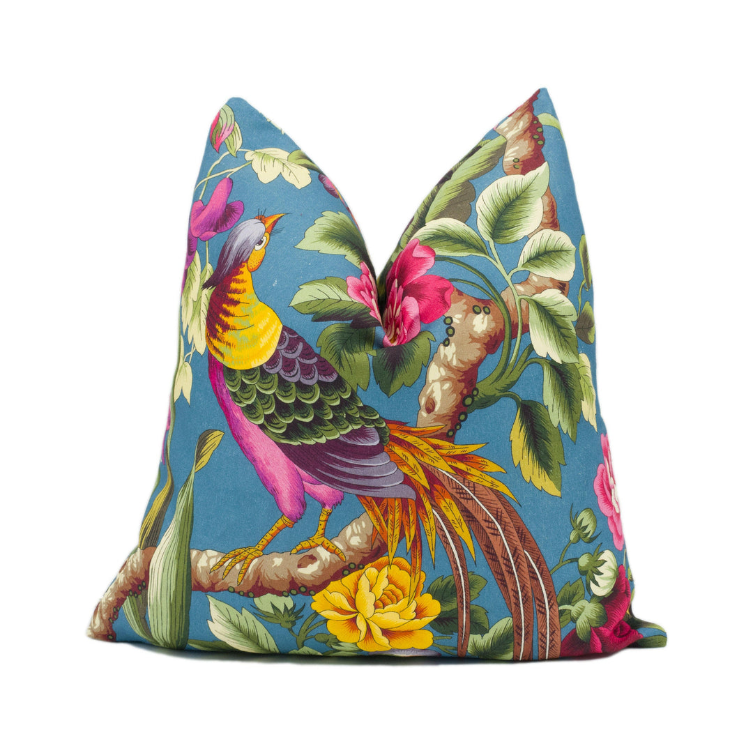 Charles Burger - Toile Pheasans - Multi on Bleu - Bright Florals & Birds Cushion Cover - Handmade Throw Pillow - Designer Home Décor.
