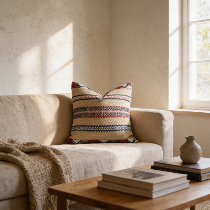 a cozy living room with a beige sofa, a wooden coffee table, and a decorative throw pillow. The room is illuminated by natural light coming through a window, creating a warm and inviting atmosphere.